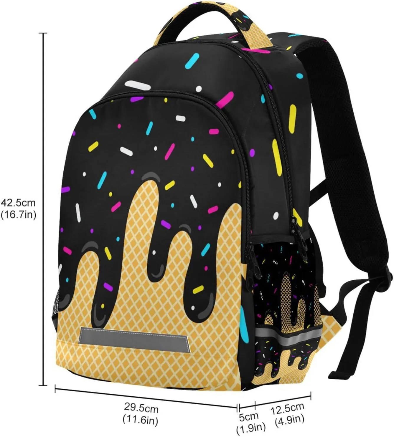 Black Ice Cream Backpacks with Chest Strap,Lightweight Bookbags 17 Inch, Casual Daypack Bags