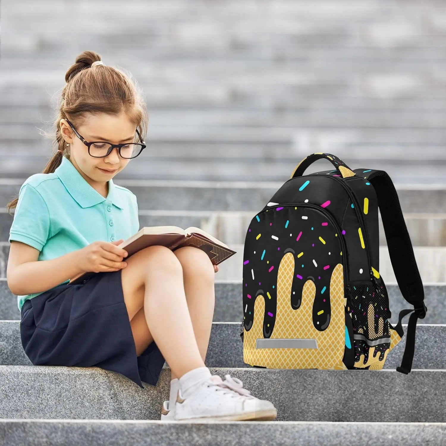 Black Ice Cream Backpacks with Chest Strap,Lightweight Bookbags 17 Inch, Casual Daypack Bags