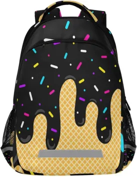 Black Ice Cream Backpacks with Chest Strap,Lightweight Bookbags 17 Inch, Casual Daypack Bags