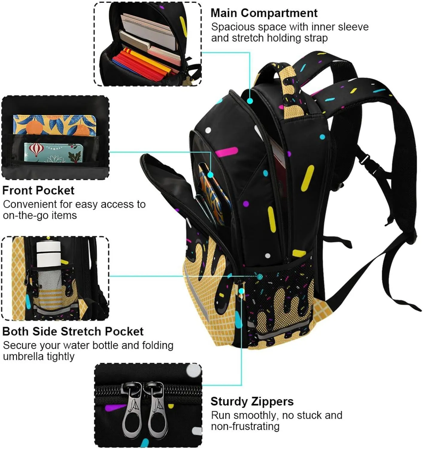 Black Ice Cream Backpacks with Chest Strap,Lightweight Bookbags 17 Inch, Casual Daypack Bags