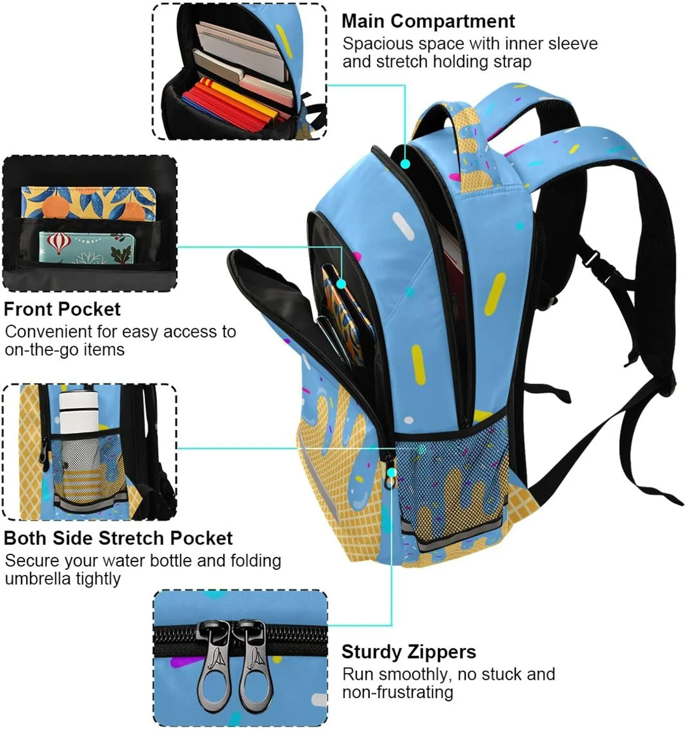Blue Ice Cream Backpacks with Chest Strap,Lightweight Bookbags 17 Inch, Casual Daypack Bags