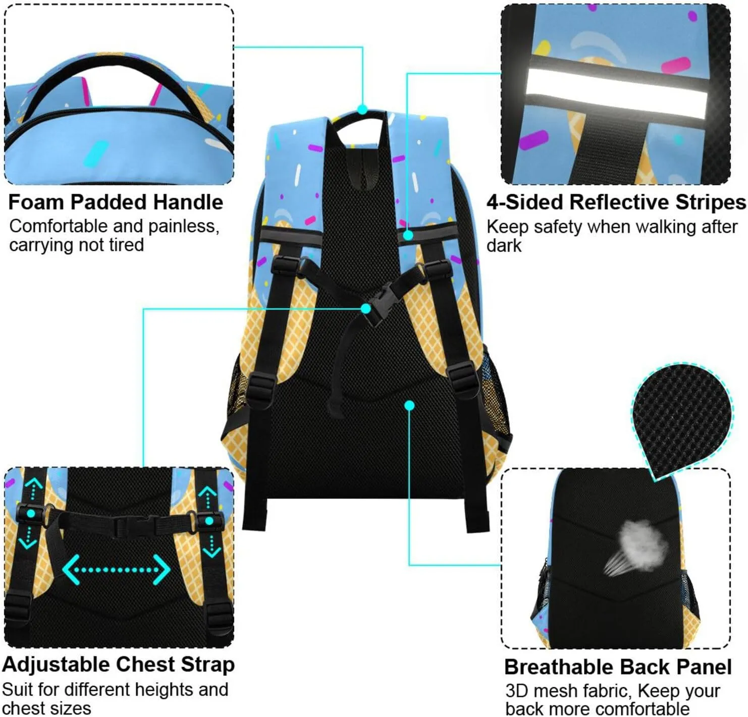 Blue Ice Cream Backpacks with Chest Strap,Lightweight Bookbags 17 Inch, Casual Daypack Bags