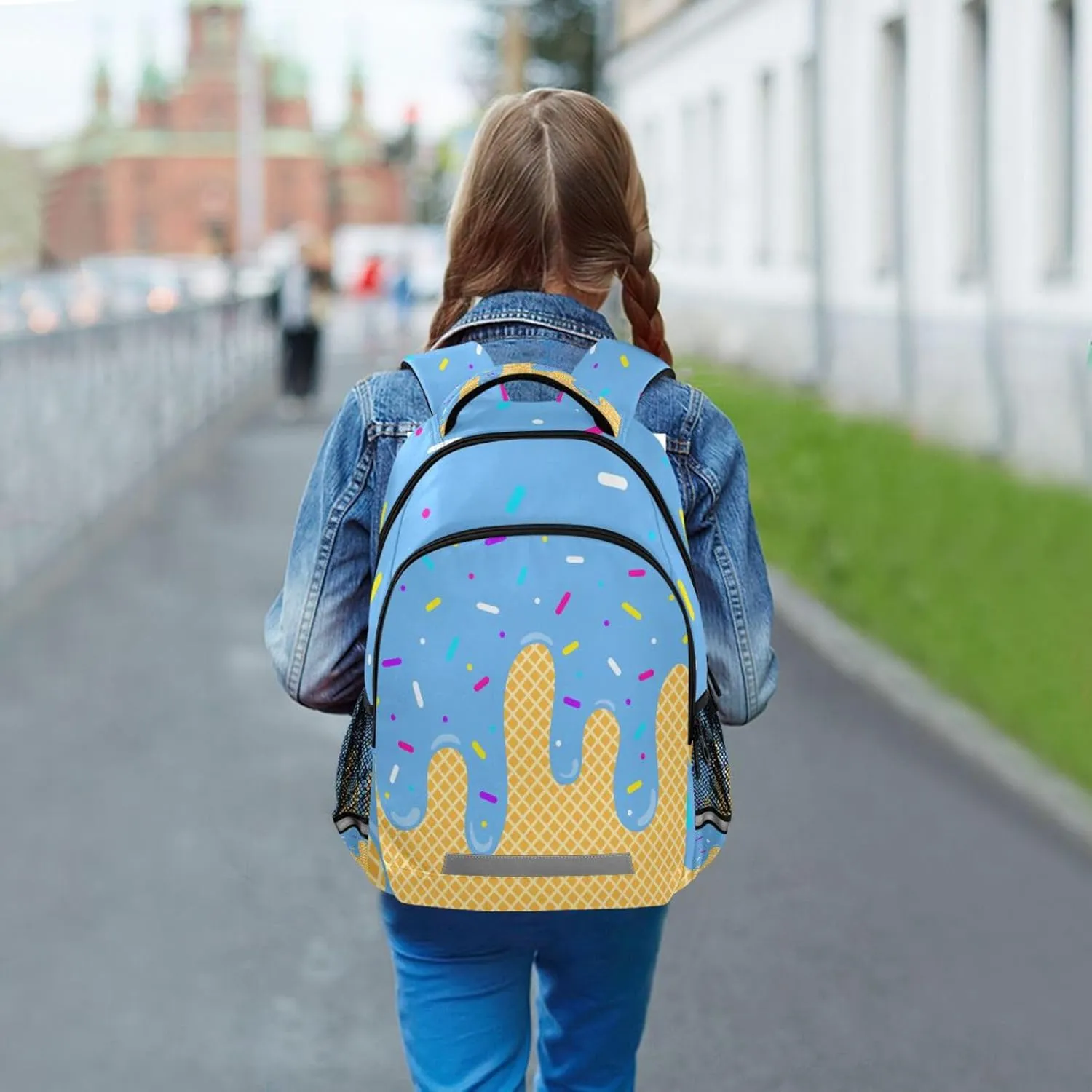 Blue Ice Cream Backpacks with Chest Strap,Lightweight Bookbags 17 Inch, Casual Daypack Bags