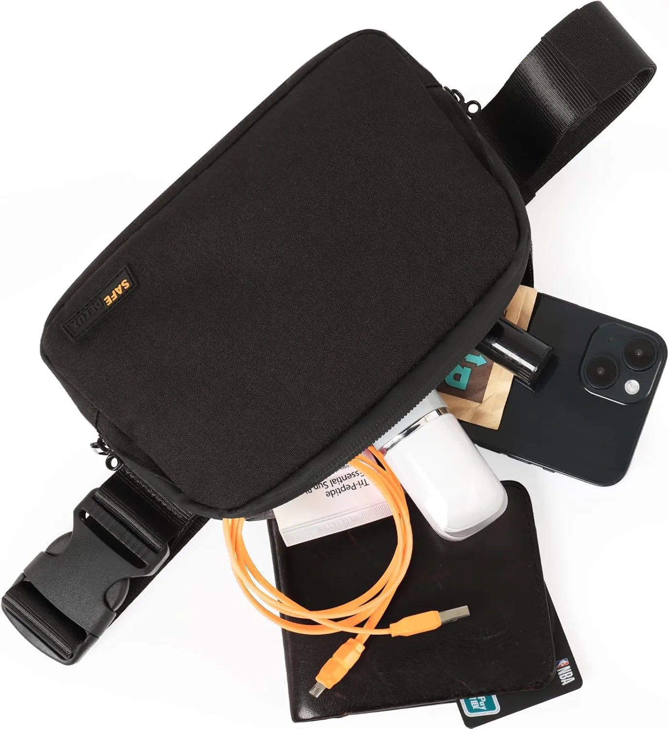 Carbon Lined Mini Belt Bag, Water Repellent Unisex Workout Fashion Crossbody Bag with Adjustable Strap Two Pockets, Great for Sports, Running, Travel (Black)