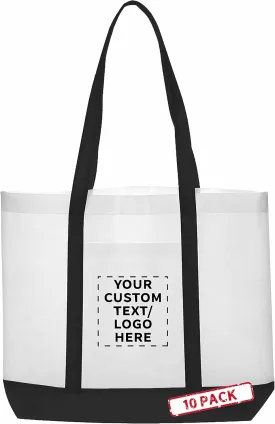 DISCOUNT PROMOS 10 Trim Color Non-Woven Tote Bags Set - Customizable Text, Logo - Durable, Water Resistant, Vibrant - Black - 18"X14"X3.5", Two tone, Front Pocket