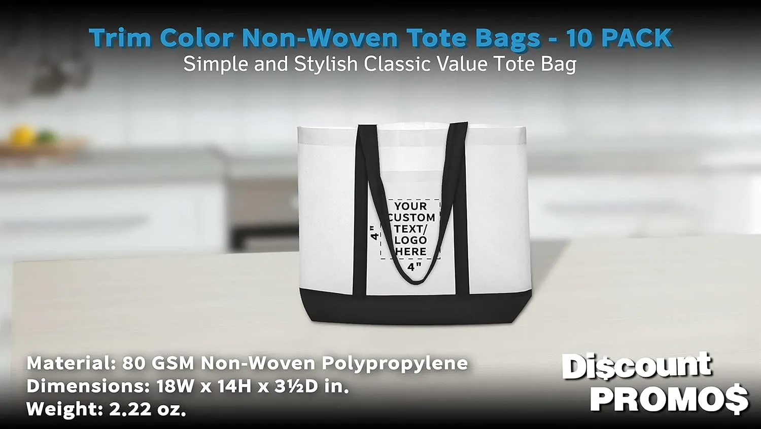 DISCOUNT PROMOS 10 Trim Color Non-Woven Tote Bags Set - Customizable Text, Logo - Durable, Water Resistant, Vibrant - Black - 18"X14"X3.5", Two tone, Front Pocket