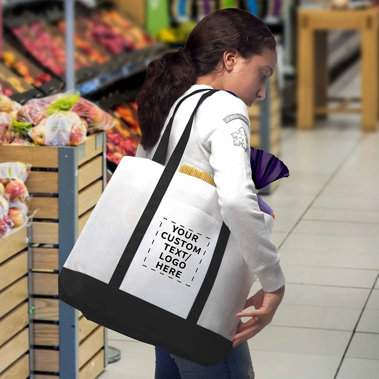 DISCOUNT PROMOS 10 Trim Color Non-Woven Tote Bags Set - Customizable Text, Logo - Durable, Water Resistant, Vibrant - Black - 18"X14"X3.5", Two tone, Front Pocket