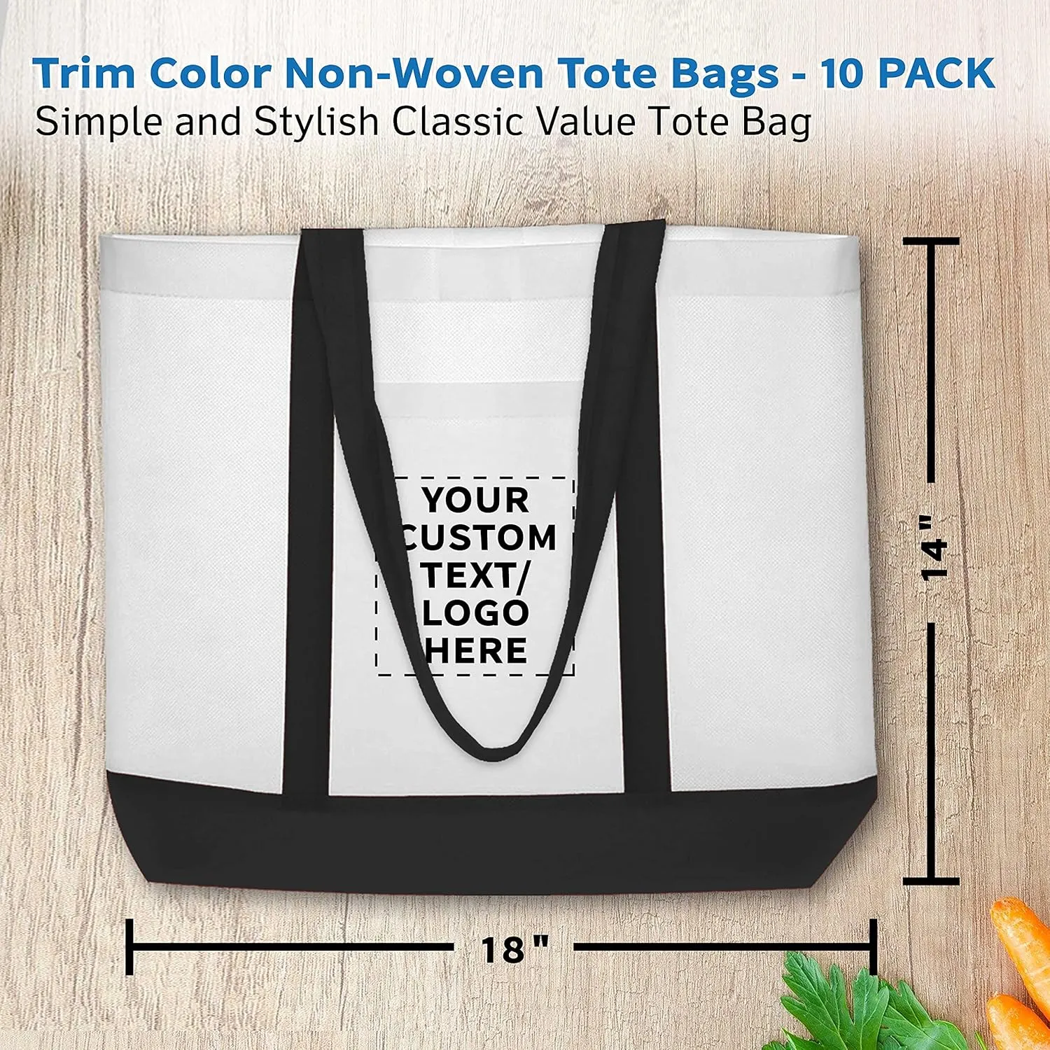 DISCOUNT PROMOS 10 Trim Color Non-Woven Tote Bags Set - Customizable Text, Logo - Durable, Water Resistant, Vibrant - Black - 18"X14"X3.5", Two tone, Front Pocket