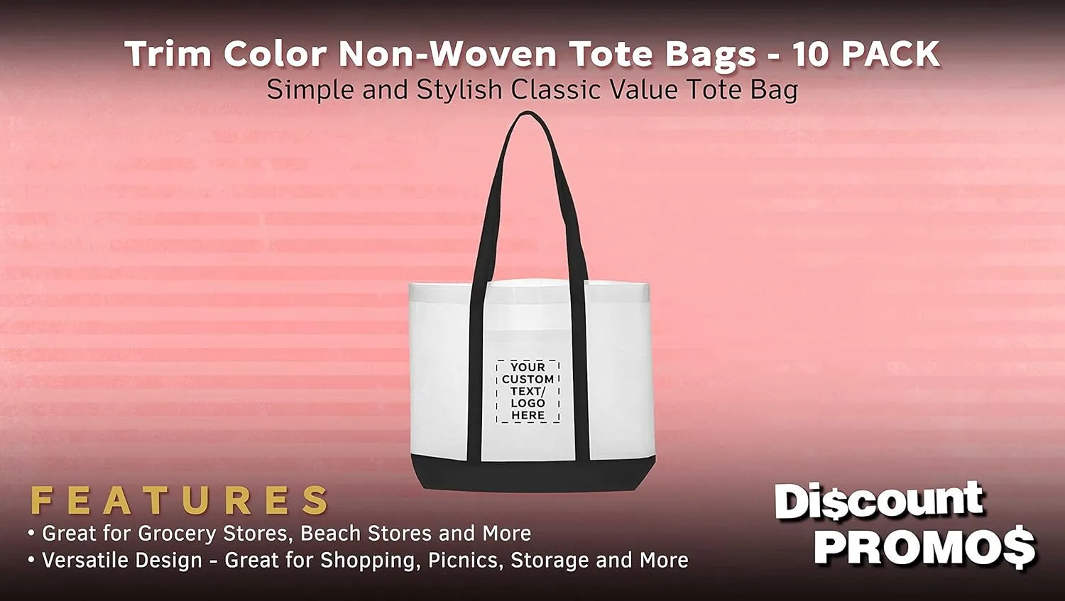 DISCOUNT PROMOS 10 Trim Color Non-Woven Tote Bags Set - Customizable Text, Logo - Durable, Water Resistant, Vibrant - Black - 18"X14"X3.5", Two tone, Front Pocket