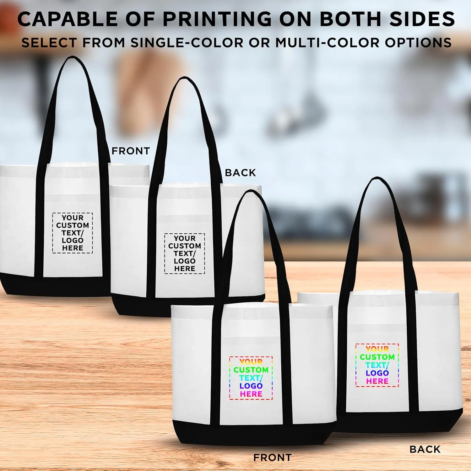 DISCOUNT PROMOS 10 Trim Color Non-Woven Tote Bags Set - Customizable Text, Logo - Durable, Water Resistant, Vibrant - Black - 18"X14"X3.5", Two tone, Front Pocket