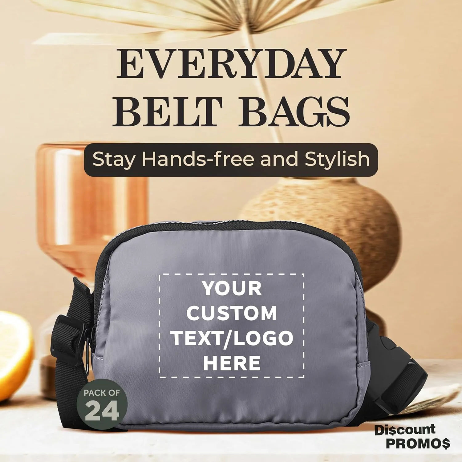 DISCOUNT PROMOS Custom Everyday Belt Bags Set of 24, Personalized Bulk Pack - Compact, Hands-Free, Stylish, Perfect for Travel, Sports, Daily Use - Grey