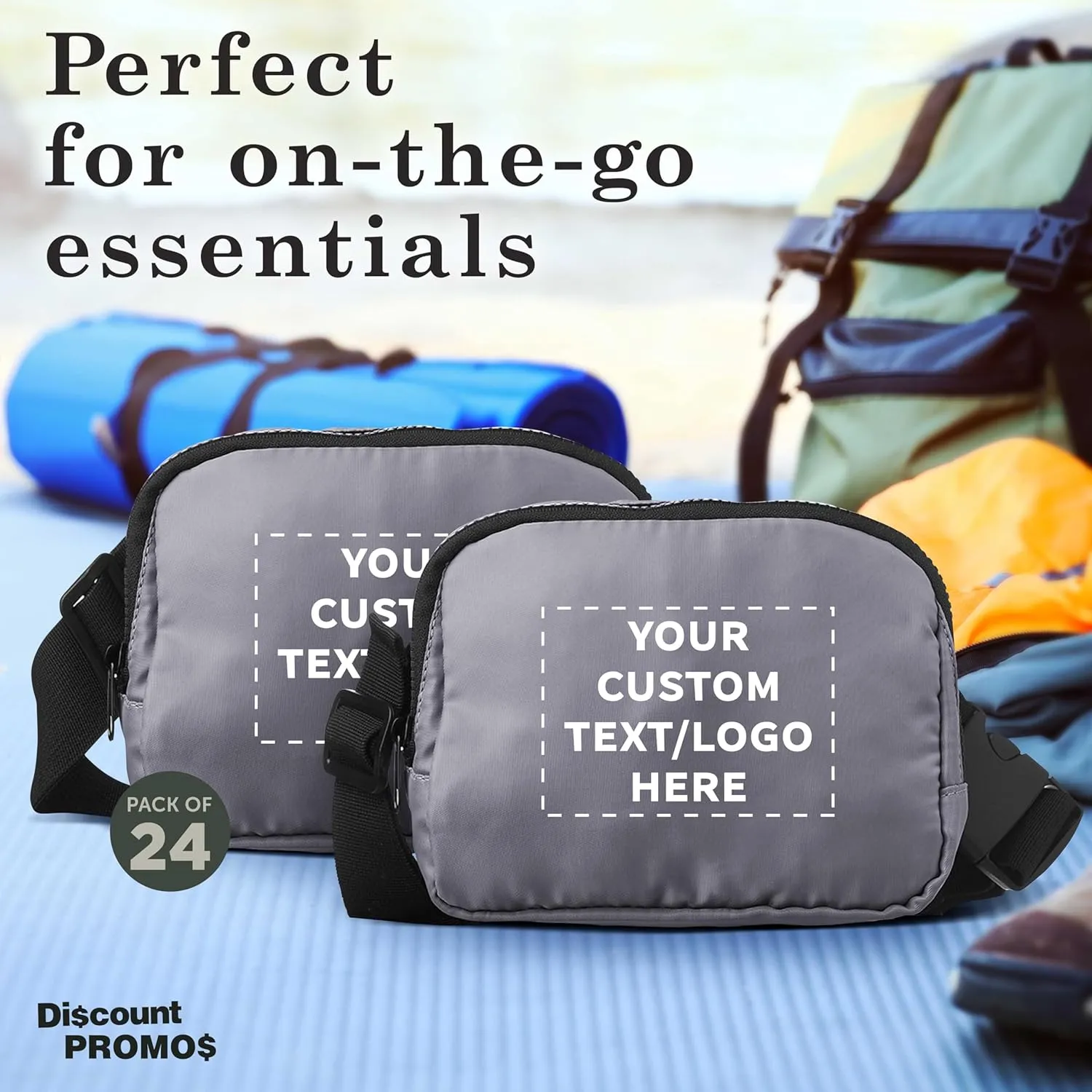 DISCOUNT PROMOS Custom Everyday Belt Bags Set of 24, Personalized Bulk Pack - Compact, Hands-Free, Stylish, Perfect for Travel, Sports, Daily Use - Grey
