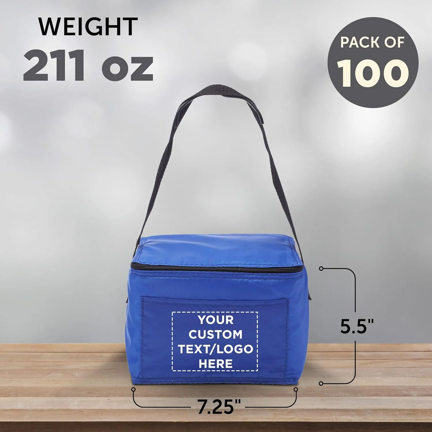 DISCOUNT PROMOS Custom Small Lunch Bags Set of 100, Personalized Bulk Pack - Insulated, Fits 6 Cans, Perfect for the Office, Picnic, Beach - Blue