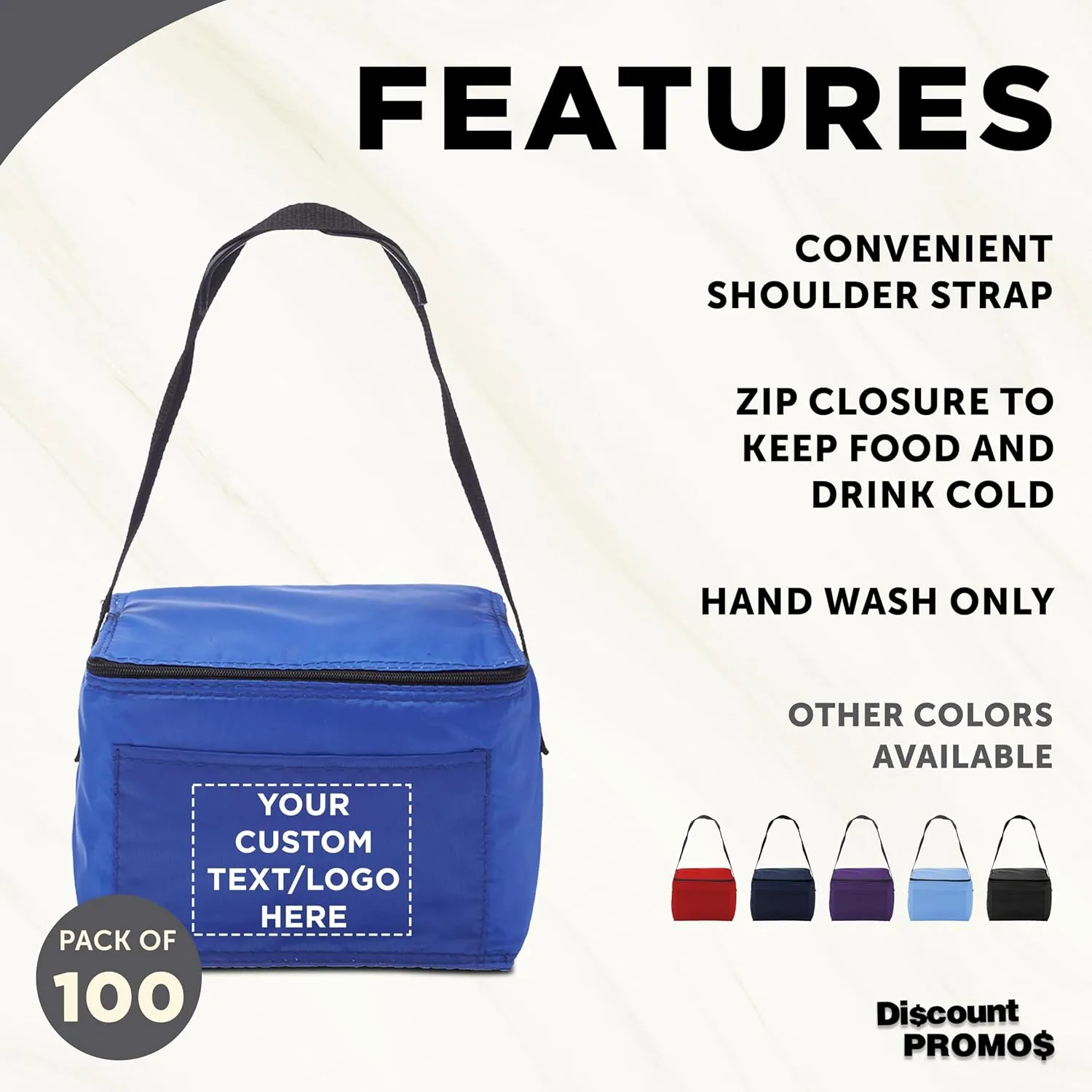 DISCOUNT PROMOS Custom Small Lunch Bags Set of 100, Personalized Bulk Pack - Insulated, Fits 6 Cans, Perfect for the Office, Picnic, Beach - Blue