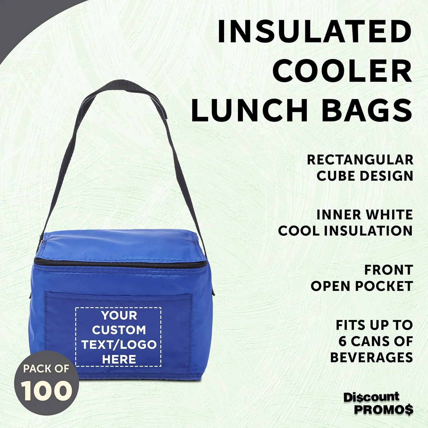 DISCOUNT PROMOS Custom Small Lunch Bags Set of 100, Personalized Bulk Pack - Insulated, Fits 6 Cans, Perfect for the Office, Picnic, Beach - Blue