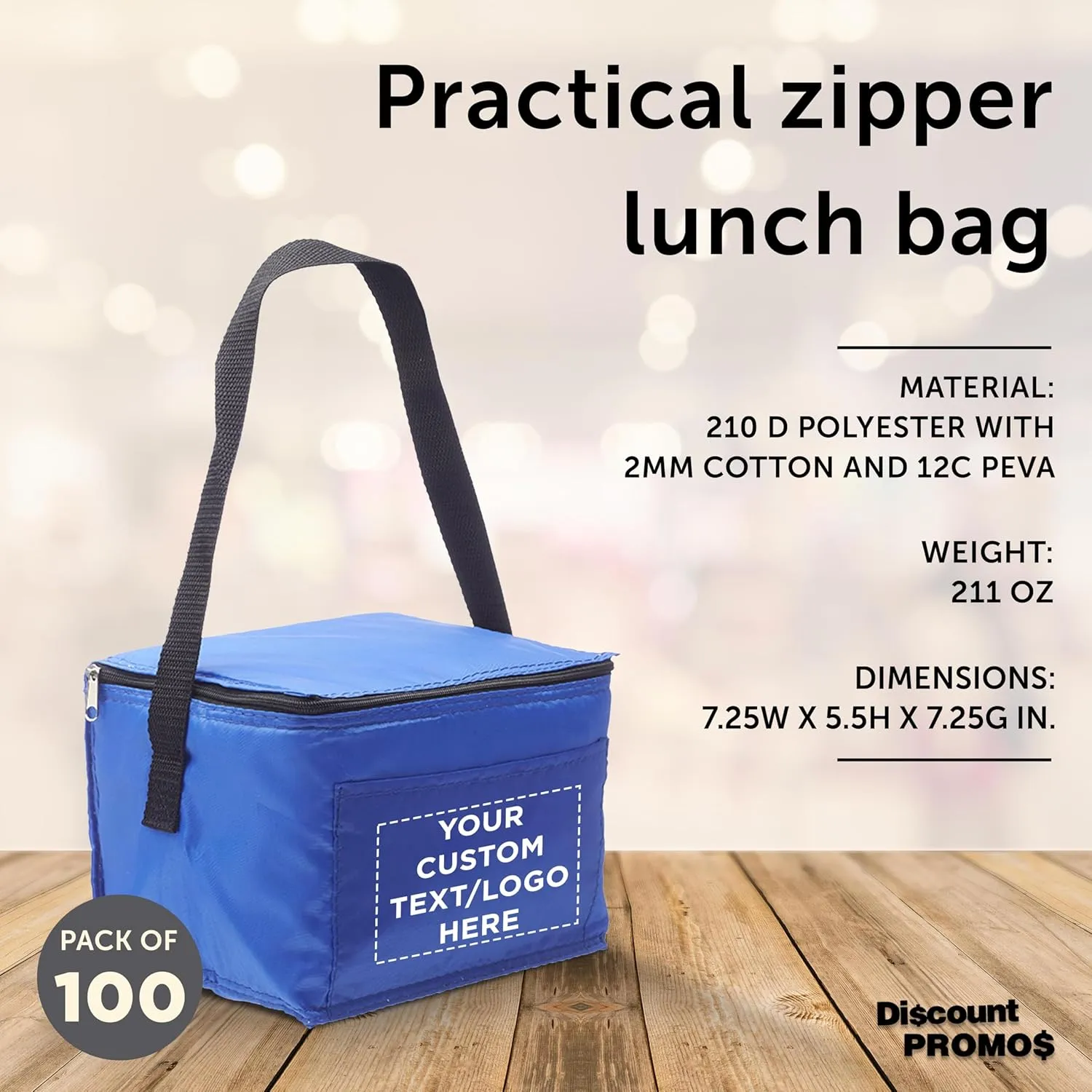 DISCOUNT PROMOS Custom Small Lunch Bags Set of 100, Personalized Bulk Pack - Insulated, Fits 6 Cans, Perfect for the Office, Picnic, Beach - Blue