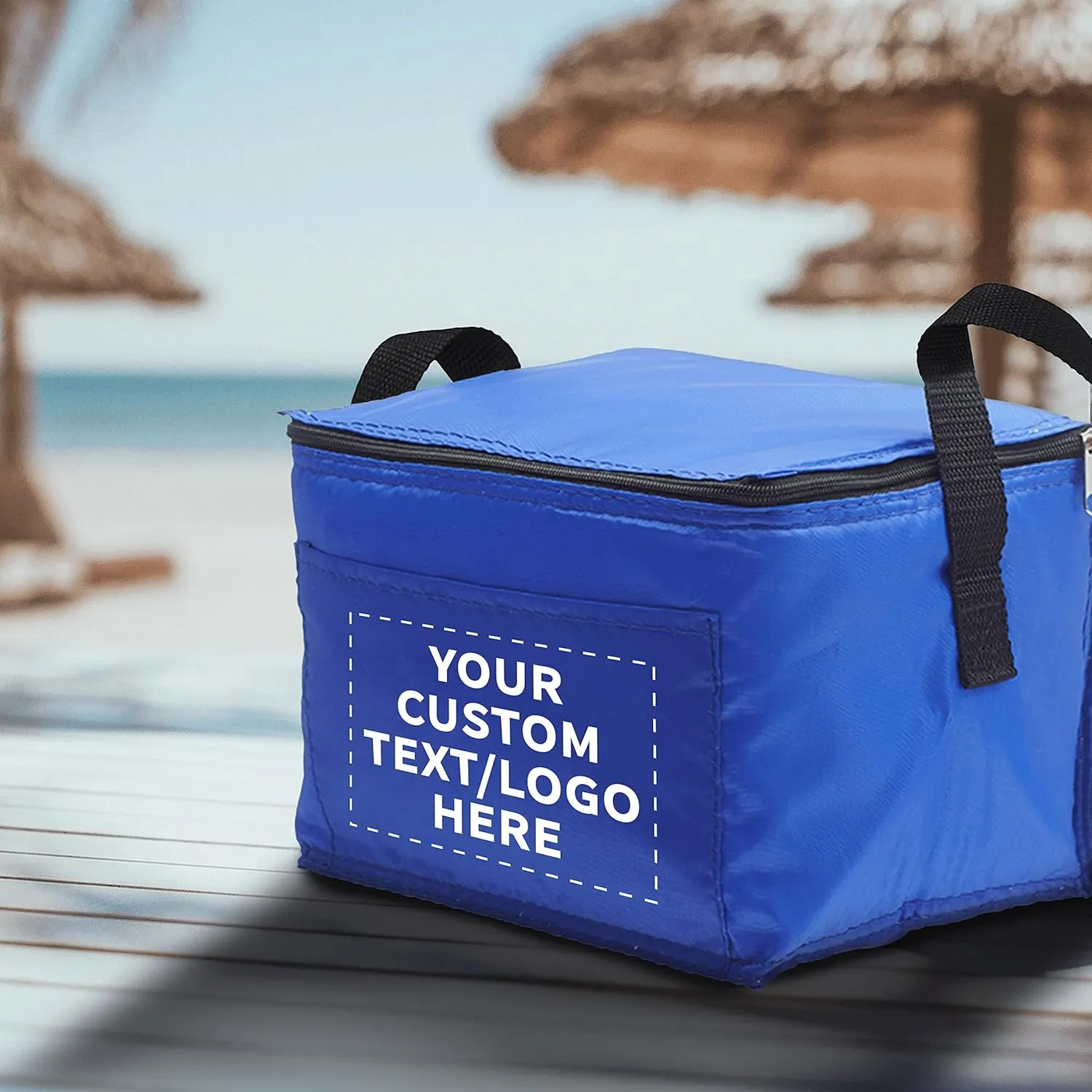 DISCOUNT PROMOS Custom Small Lunch Bags Set of 100, Personalized Bulk Pack - Insulated, Fits 6 Cans, Perfect for the Office, Picnic, Beach - Blue