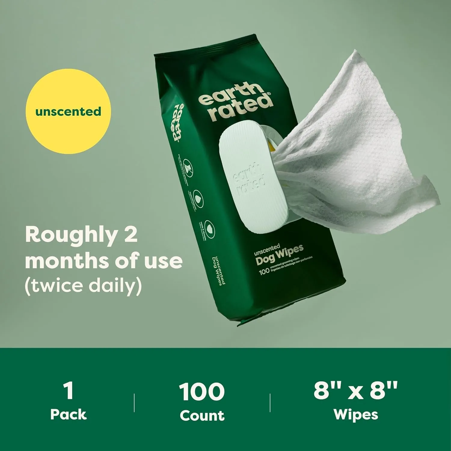 Earth Rated Pet Grooming Wipes for Dogs and Cats, Hypoallergenic, Cleaning and Hydrating, for Paws, Body and Butt, Unscented, 100 Count