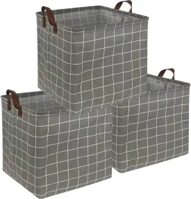 Essme 3PACK Square Storage Bin,Cotton Fabric Laundry Baskets,Collapsible Waterproof Toy Storage Bin with Handles for Family Storage,Shelf Baskets,Bedroom(Grey grid)