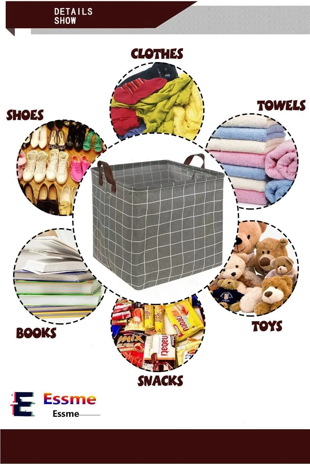 Essme 3PACK Square Storage Bin,Cotton Fabric Laundry Baskets,Collapsible Waterproof Toy Storage Bin with Handles for Family Storage,Shelf Baskets,Bedroom(Grey grid)
