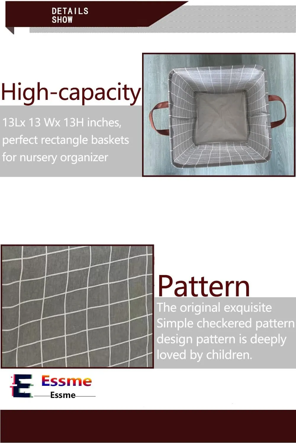 Essme 3PACK Square Storage Bin,Cotton Fabric Laundry Baskets,Collapsible Waterproof Toy Storage Bin with Handles for Family Storage,Shelf Baskets,Bedroom(Grey grid)
