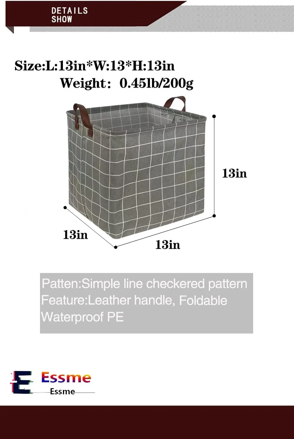 Essme 3PACK Square Storage Bin,Cotton Fabric Laundry Baskets,Collapsible Waterproof Toy Storage Bin with Handles for Family Storage,Shelf Baskets,Bedroom(Grey grid)