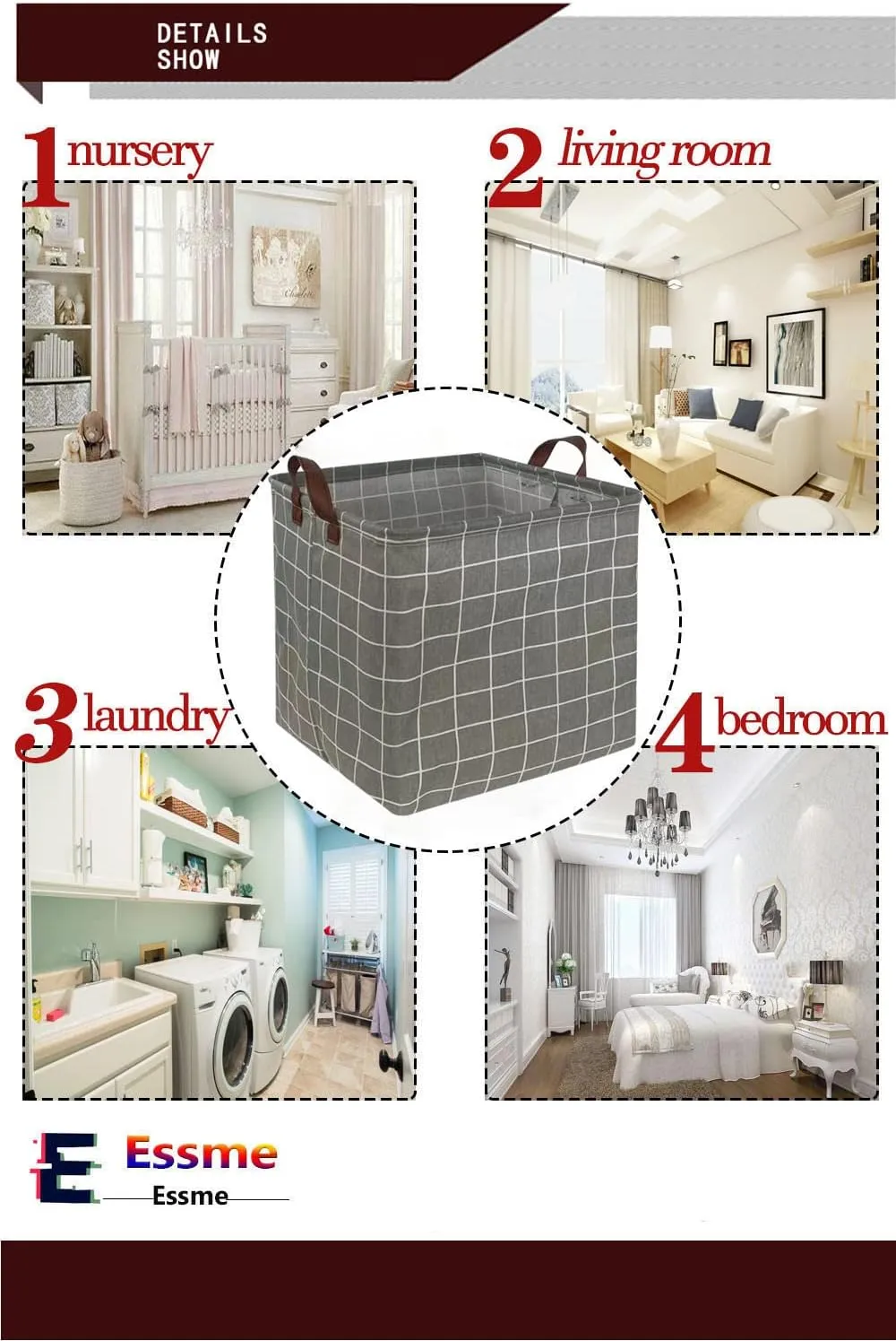 Essme 3PACK Square Storage Bin,Cotton Fabric Laundry Baskets,Collapsible Waterproof Toy Storage Bin with Handles for Family Storage,Shelf Baskets,Bedroom(Grey grid)