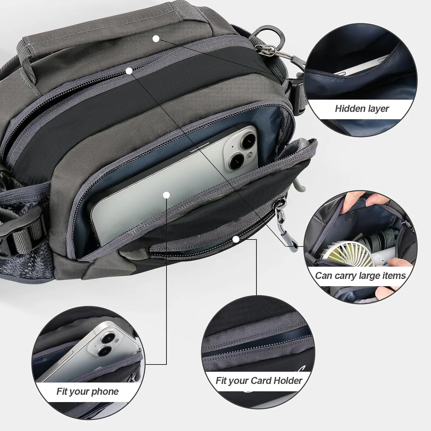 Fanny Pack Waist Bag for Women Men, running packs gear with Phone Water Bottle holder Adjustable belt, for Travel Workout Hiking, carrying iPhone money, multi colors (black)