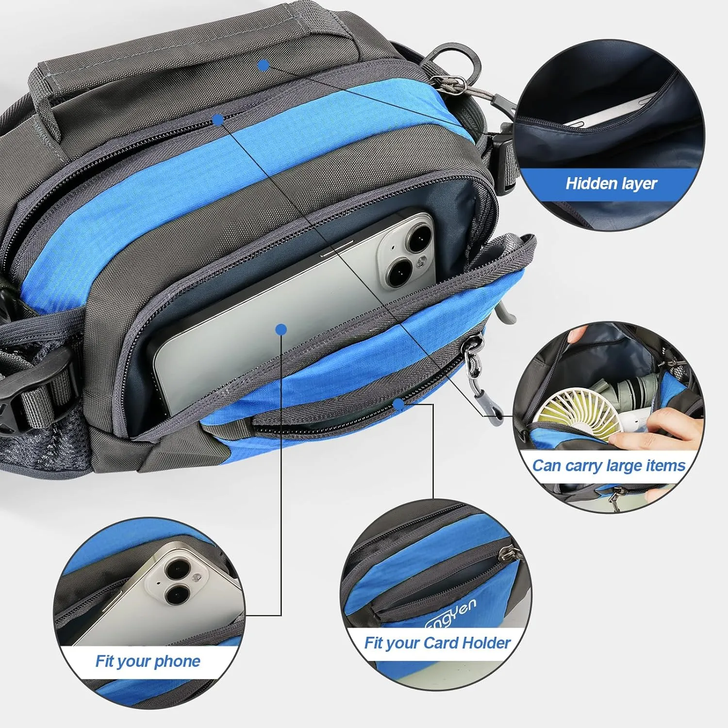 Fanny Pack Waist Bag for Women Men, running packs gear with Phone Water Bottle holder Adjustable belt, for Travel Workout Hiking, carrying iPhone money, multi colors (blue)