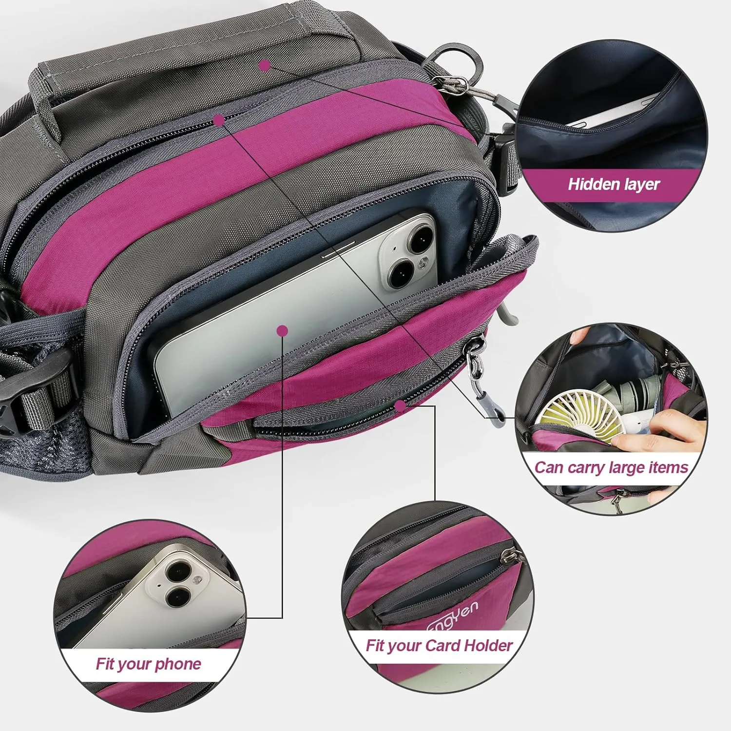 Fanny Pack Waist Bag for Women Men, running packs gear with Phone Water Bottle holder Adjustable belt, for Travel Workout Hiking, carrying iPhone money, multi colors (rose)