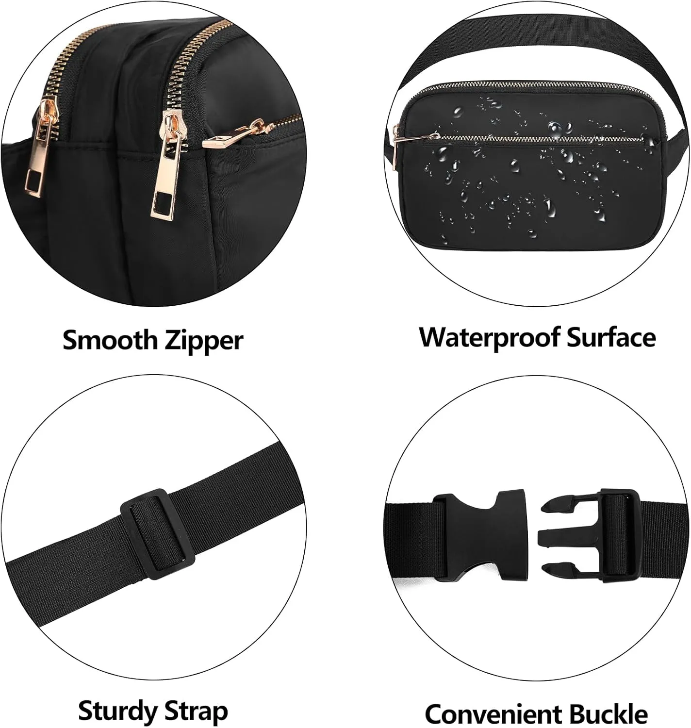 Fashion Fanny Bag-Waist Pack With Adjustable Belt Bag-Unisex Crossbody Pack For Travel Running Hiking-Black