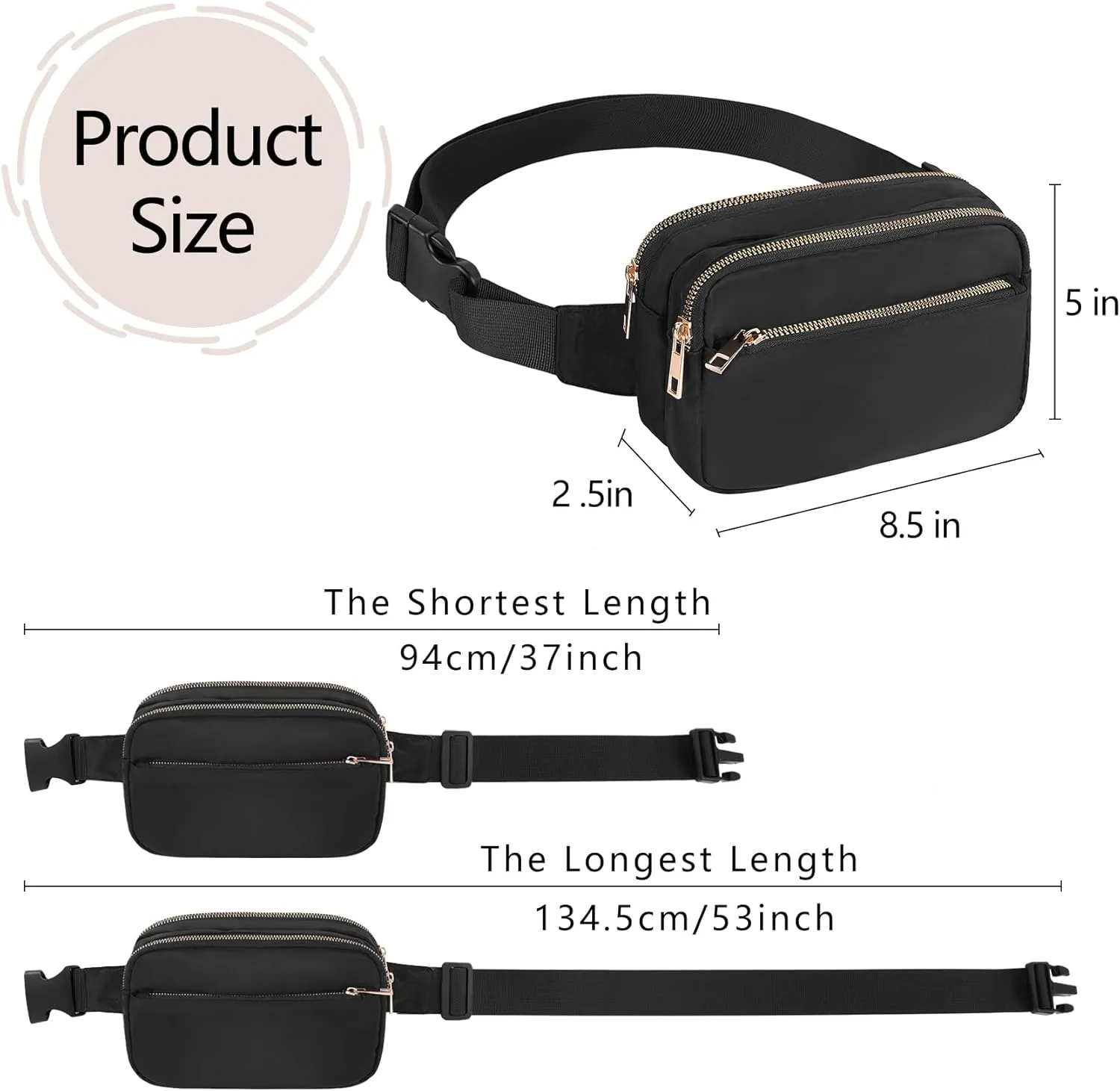 Fashion Fanny Bag-Waist Pack With Adjustable Belt Bag-Unisex Crossbody Pack For Travel Running Hiking-Black