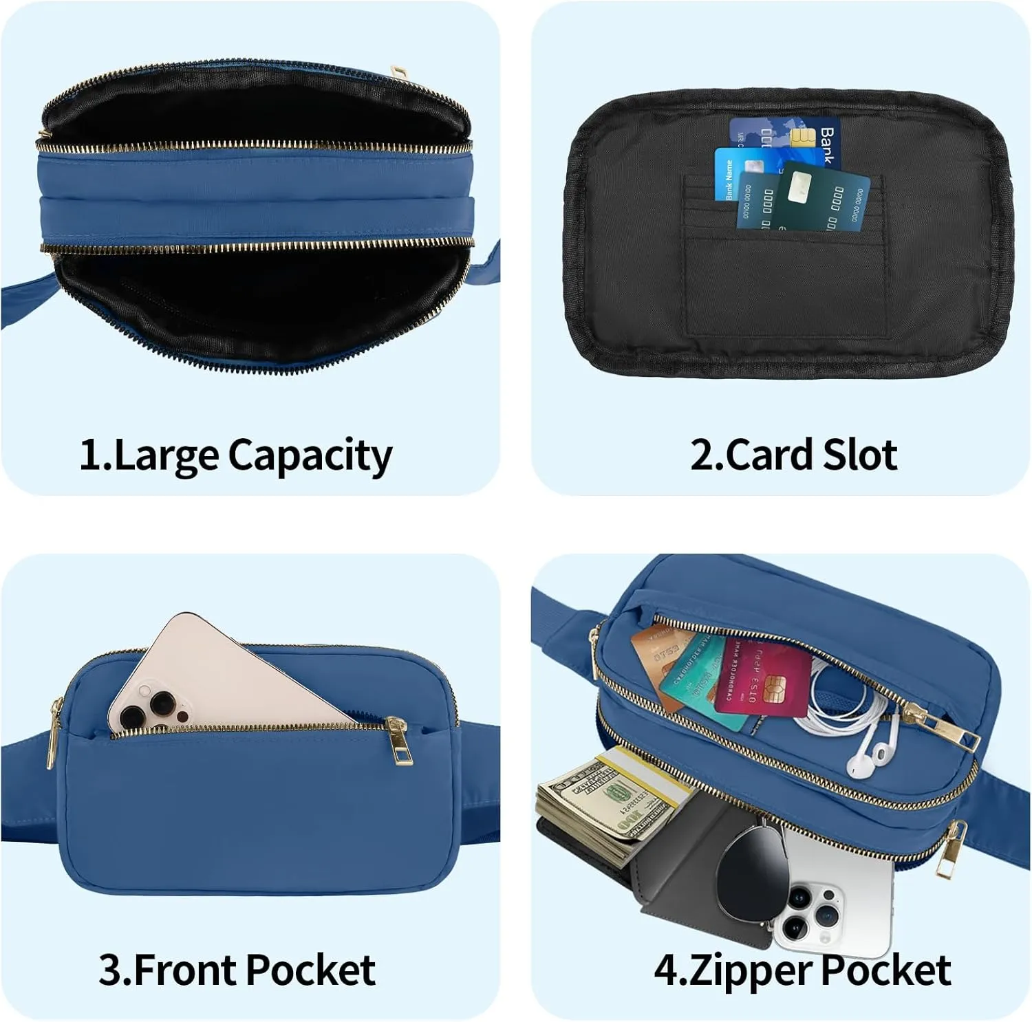 Fashion Fanny Bag-Waist Pack With Adjustable Belt Bag-Unisex Crossbody Pack For Travel Running Hiking-Blue