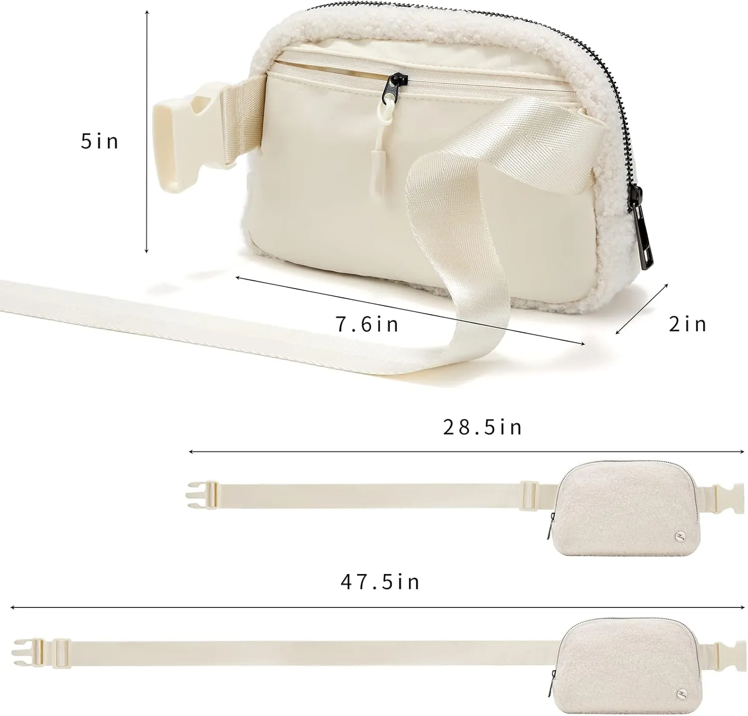 Fleece Belt Bag, Waist Pack with Adjustable Strap for Men and Women, Sherpa Crossbody Bag for Travelling, Running, Hiking and Workout (Ivory)