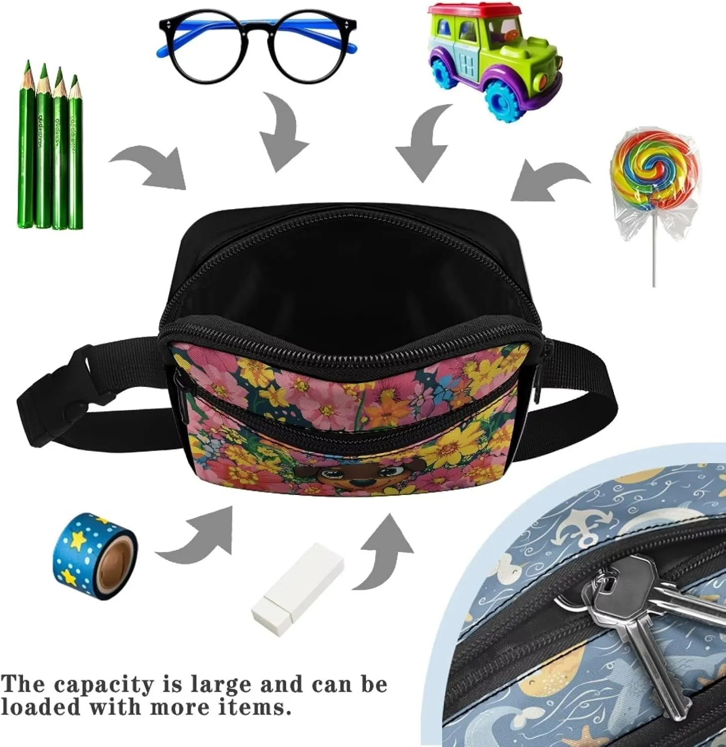 FOR U DESIGNS Girls Fanny Pack Ages 8-12 with Adjustable Strap Dog & Flower Cute Waist Pack for Running Hiking Workout Gym School