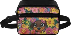 FOR U DESIGNS Girls Fanny Pack Ages 8-12 with Adjustable Strap Dog & Flower Cute Waist Pack for Running Hiking Workout Gym School