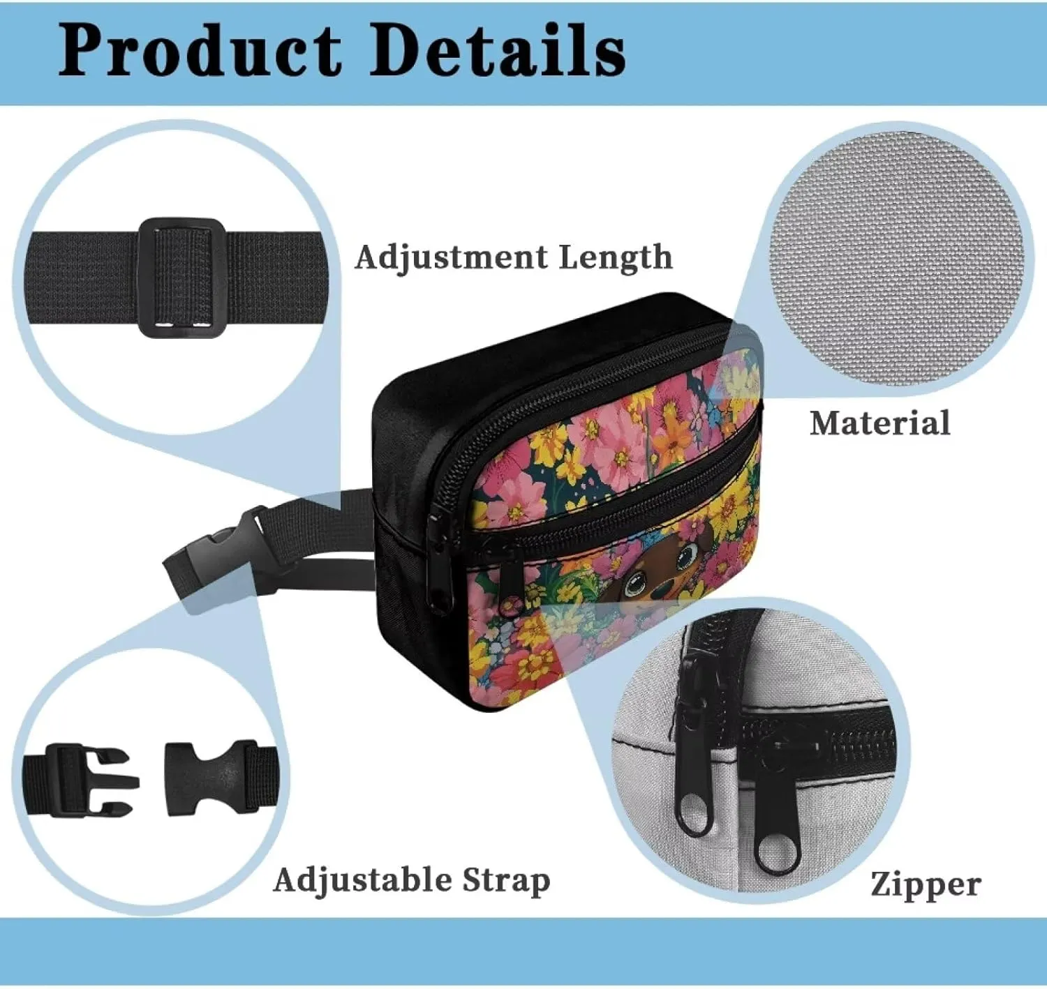 FOR U DESIGNS Girls Fanny Pack Ages 8-12 with Adjustable Strap Dog & Flower Cute Waist Pack for Running Hiking Workout Gym School