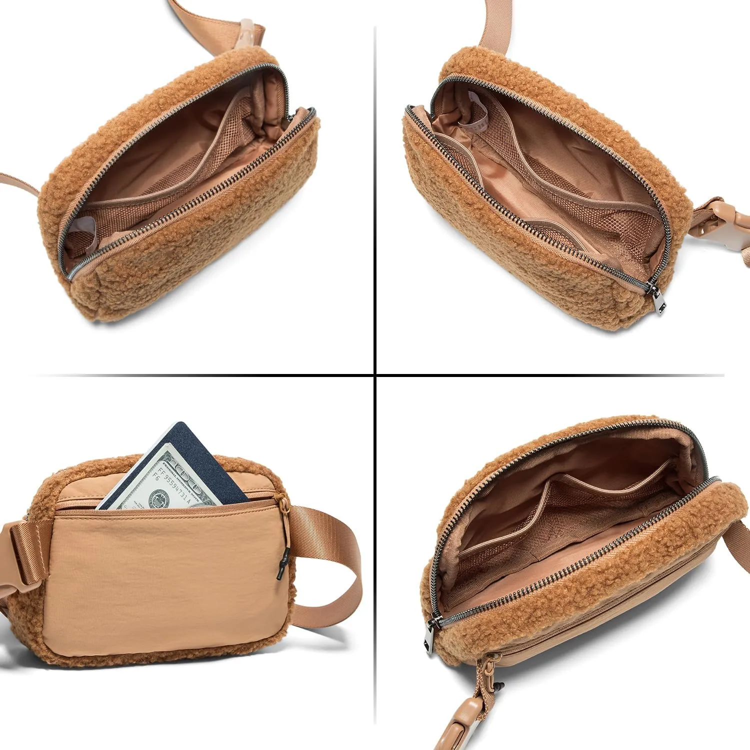 Gitus Fleece Belt Bag Sherpa Fanny Pack Crossbody Bags for Women Fashion Waist Packs with Adjustable Strap for Gym Travel Hiking Running Trending Gifts for Teen Girls Women Men (Light Brown)