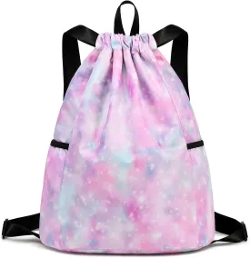 Kids Drawstring Bag - Swim Sports Beach Camp Backpack for Boys & Girls, Galaxy Pink