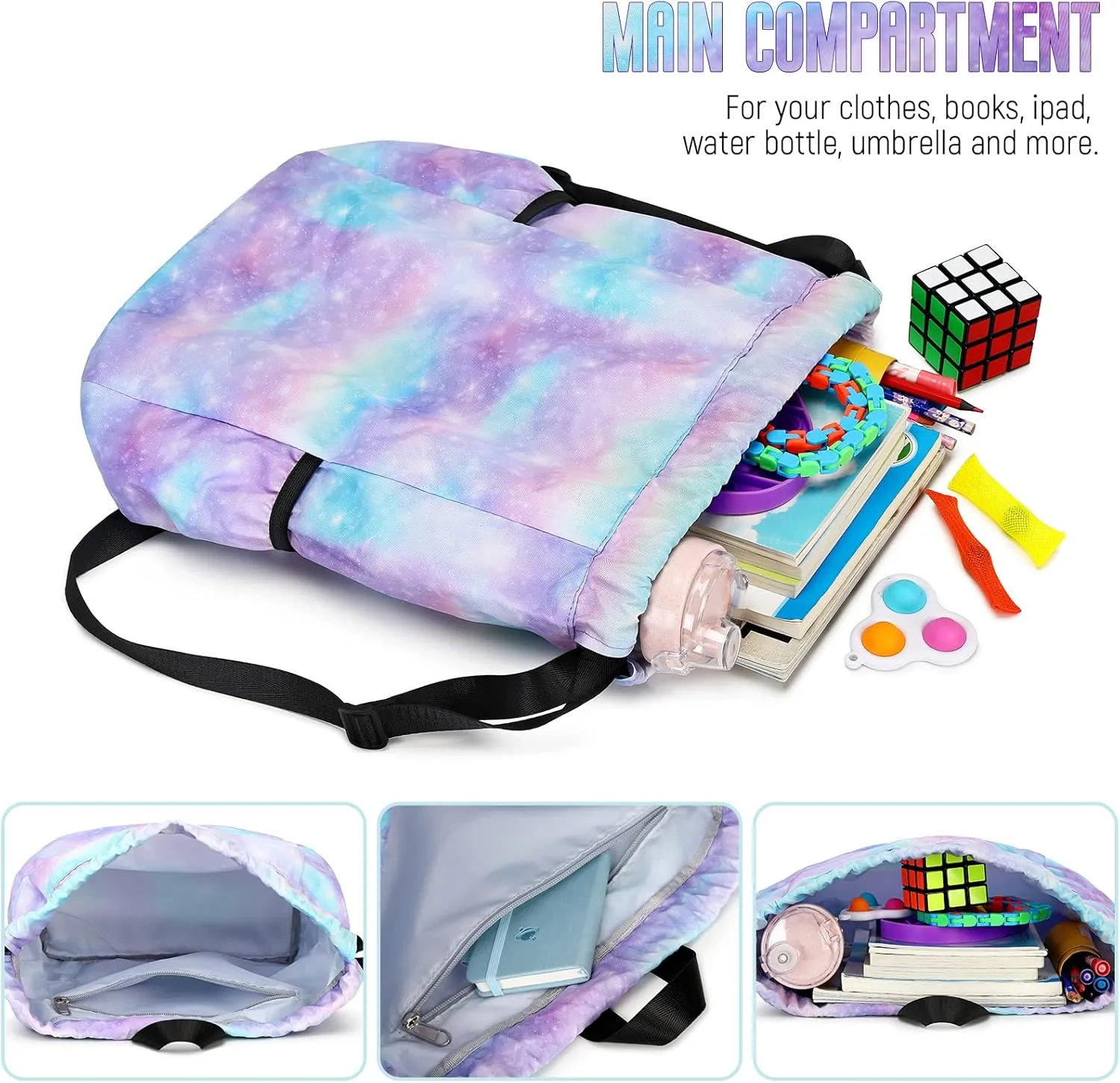 Kids Drawstring Bag - Swim Sports Beach Camp Backpack for Boys & Girls, Galaxy Pink