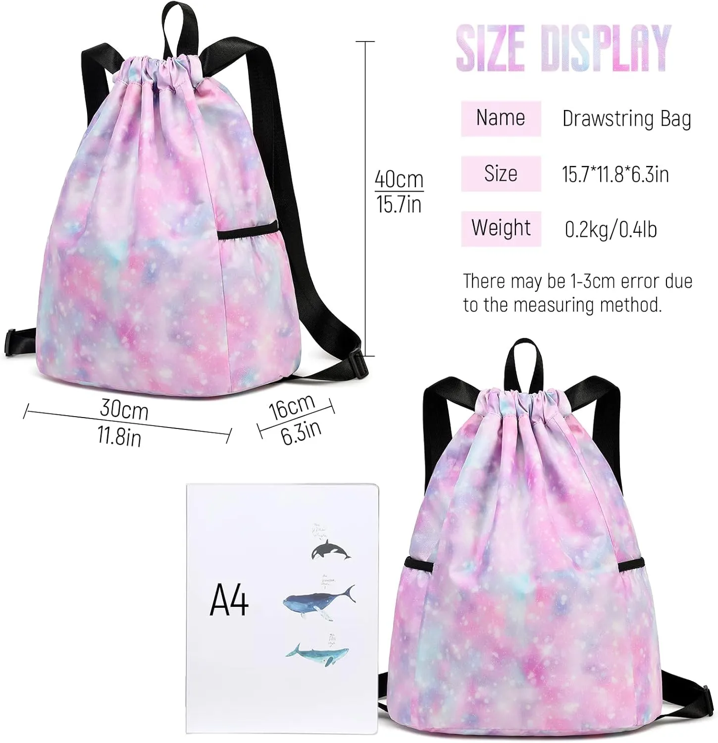 Kids Drawstring Bag - Swim Sports Beach Camp Backpack for Boys & Girls, Galaxy Pink