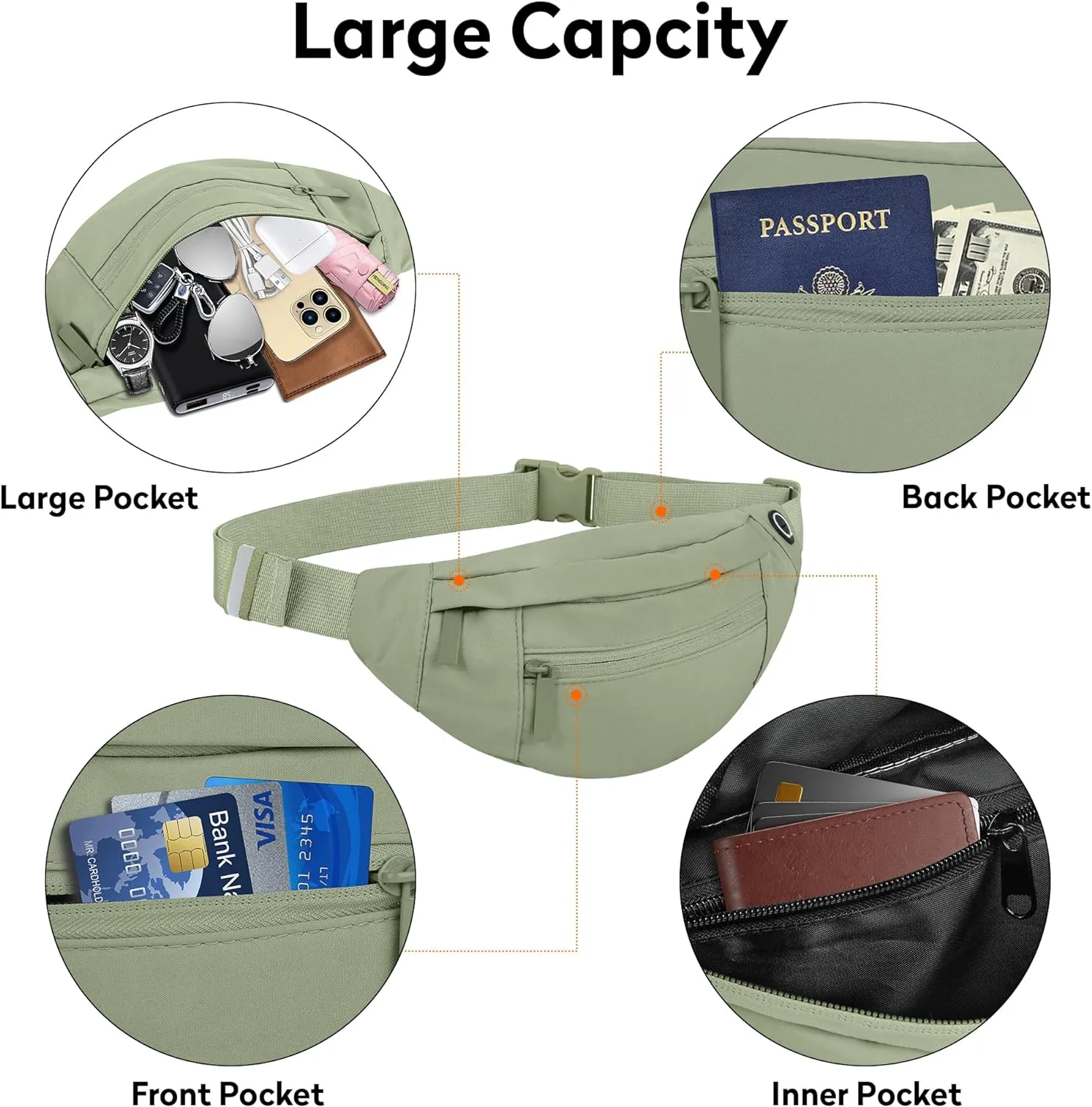 Large Fanny Pack For Women And Man Crossbody Bag Cross body Bag With Adjustable Strap For Travel Running Hiking Walking Workout Khaki Green