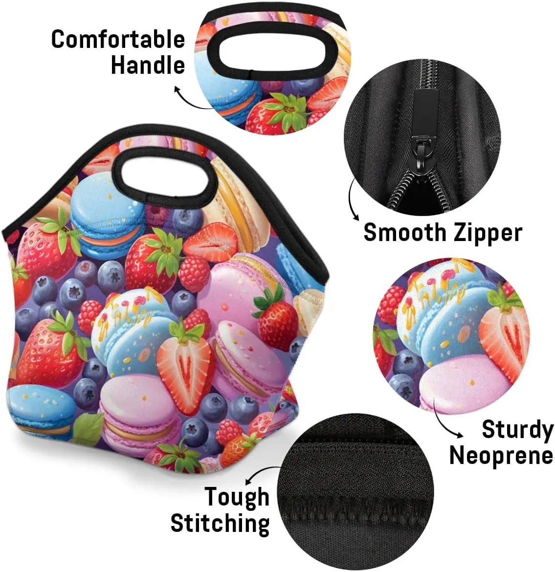 Macaron Neoprene Lunch Bag Waterproof Tote Bag Lunch Sack with Zipper Lunch Box Tote for Picnic Mom Food Handbag Holiday Gifts Reusable Lunch Tote Bag Lightweight