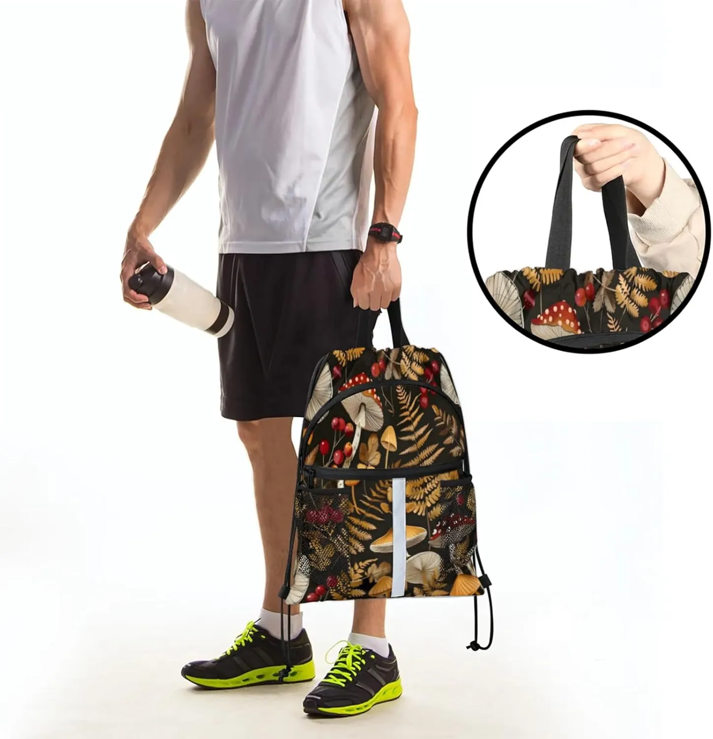 Mushroom Fall Forest Plants Drawstring Backpack for Women and Men Lightweight Waterproof Sports Gym Sackpack with Mesh Pockets