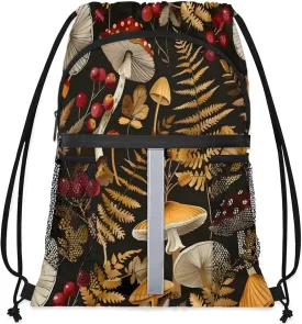 Mushroom Fall Forest Plants Drawstring Backpack for Women and Men Lightweight Waterproof Sports Gym Sackpack with Mesh Pockets