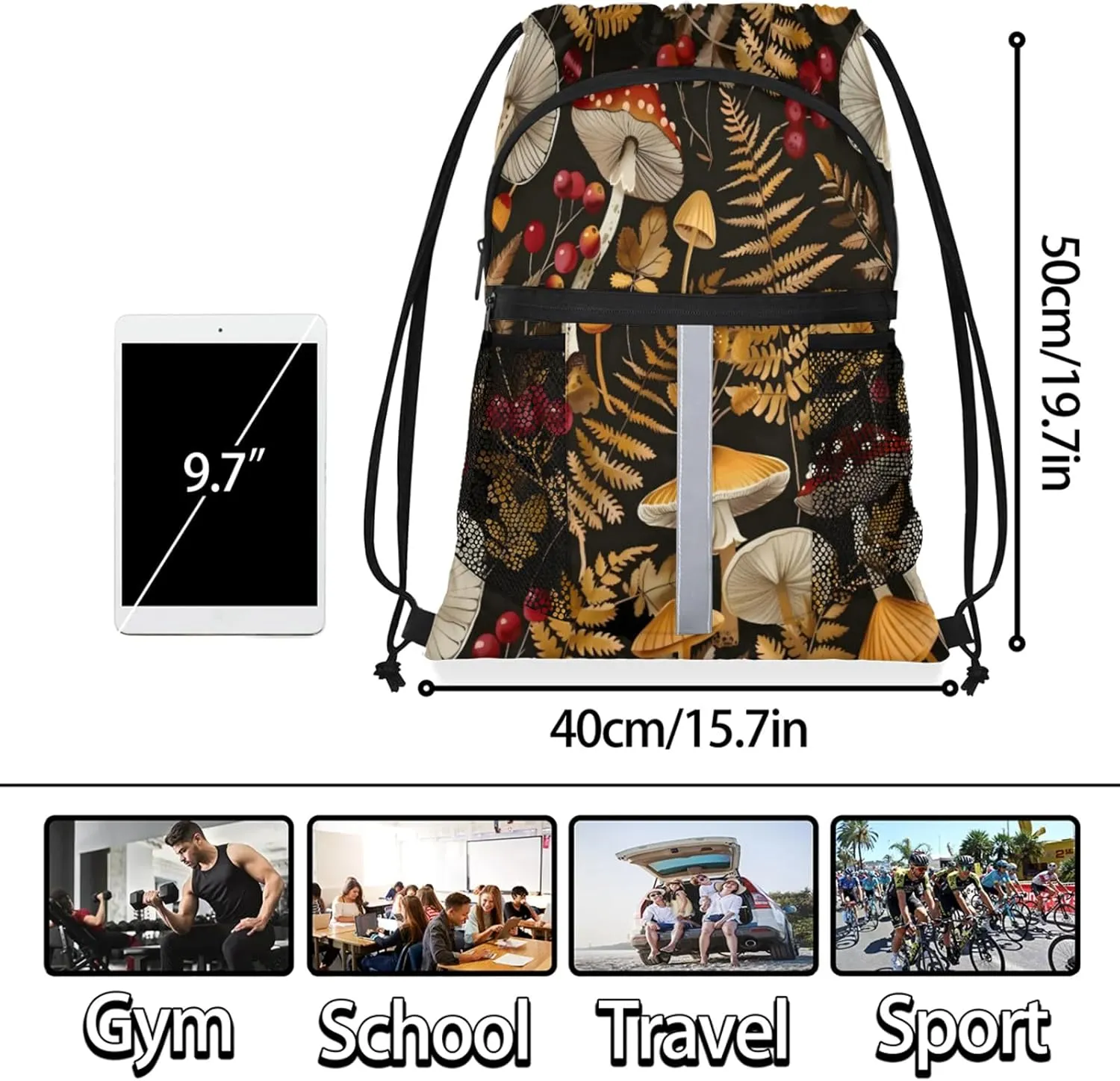 Mushroom Fall Forest Plants Drawstring Backpack for Women and Men Lightweight Waterproof Sports Gym Sackpack with Mesh Pockets