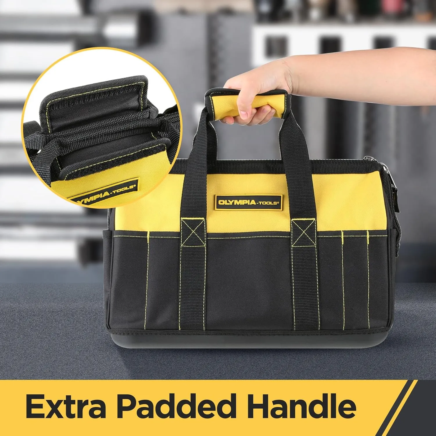 Olympia Tools 16 Inch Wide Mouth Tool Bag, Molded Waterproof Base with 21 Pockets and 7 Belt Loops, Padded Handle, Adjustable Shoulder Strap