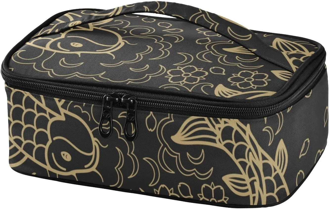 Small Insulated Lunch box Portable Soft Bag Mini Cooler Thermal Meal Tote Kit with Handle for Work & School, Gold Koi Fish on Black Background