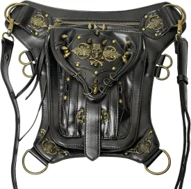 Steampunk Waist Bag PU Leather Gothic Vintage Shoulder Bag Thigh Leg Motorcycle Crossbody Bag Fanny Pack for Women Men, Skull