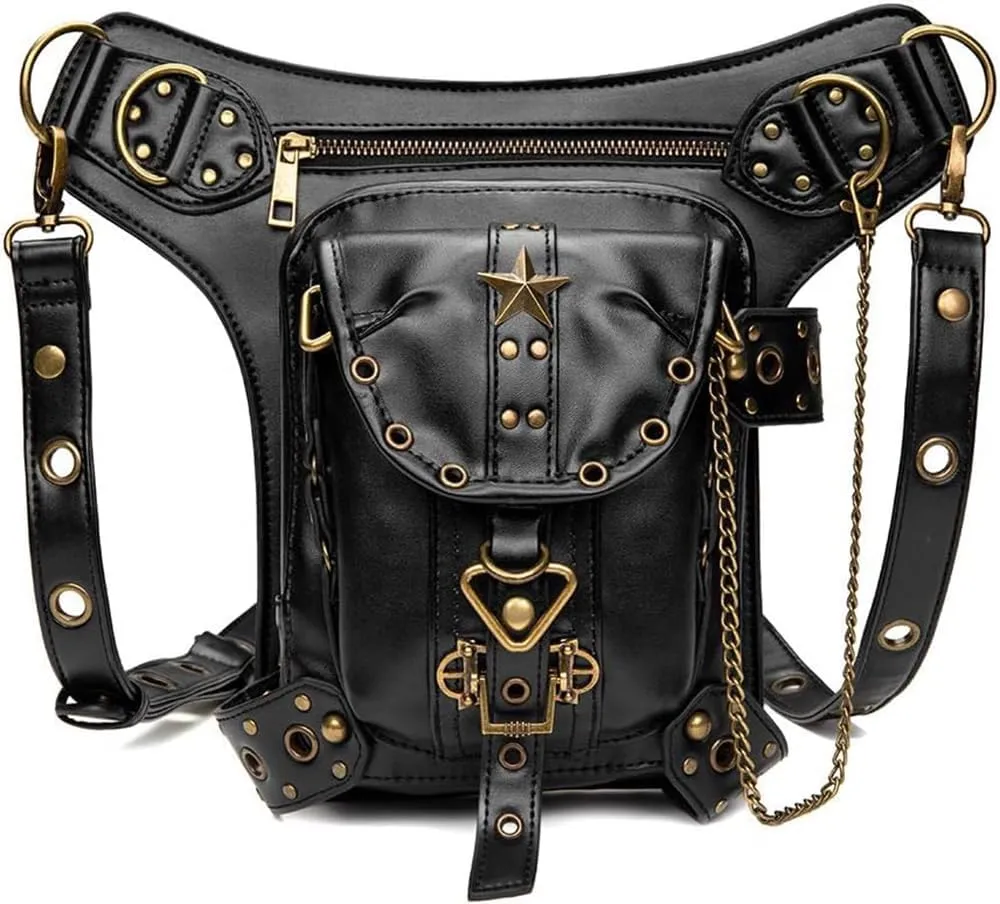 Steampunk Waist Bag PU Leather Gothic Vintage Shoulder Bag Thigh Leg Motorcycle Crossbody Bag Fanny Pack for Women Men, Star